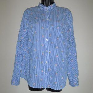 J Crew Mercantile Blue Stripe Pink Floral Shirt Button Front Long Sleeve 23871